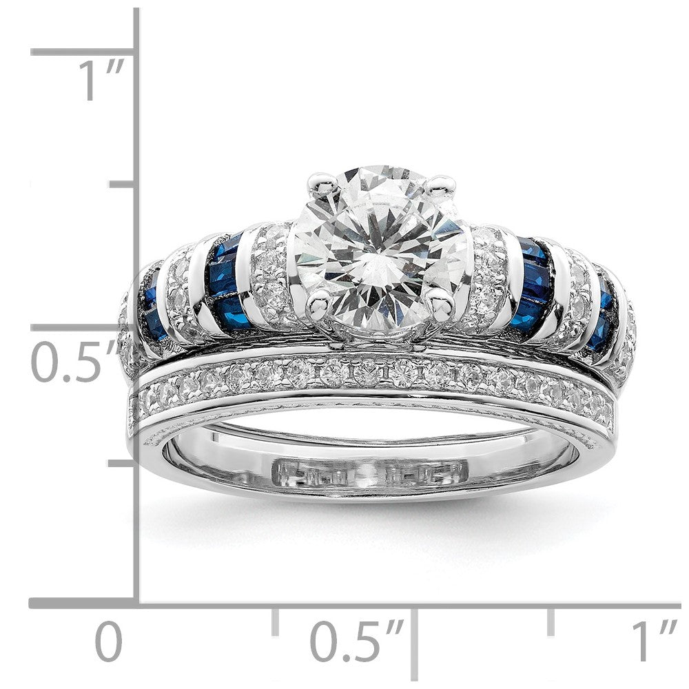 Sterling Silver Rhodium-plated Polished Blue & White CZ Engagement & Band R