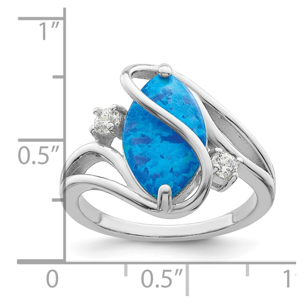 Sterling Silver Rhodium-plated Polished Blue Created Opal & CZ Twist Ring