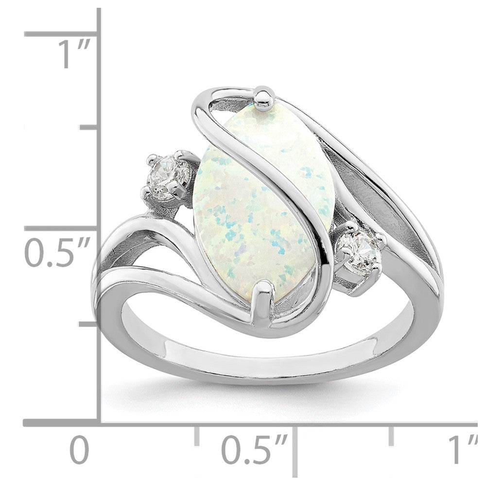 Sterling Silver Rhodium-plated White Created Opal & CZ Twist Ring