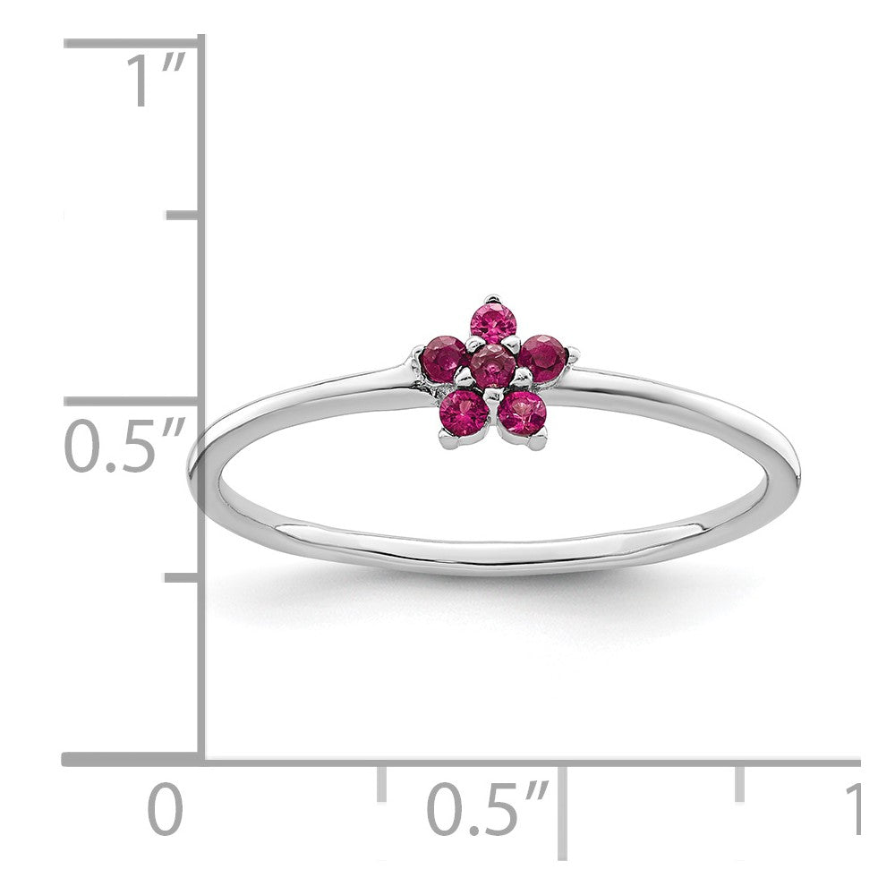 Sterling Silver Rhodium-plated Polished Red CZ Flower Ring