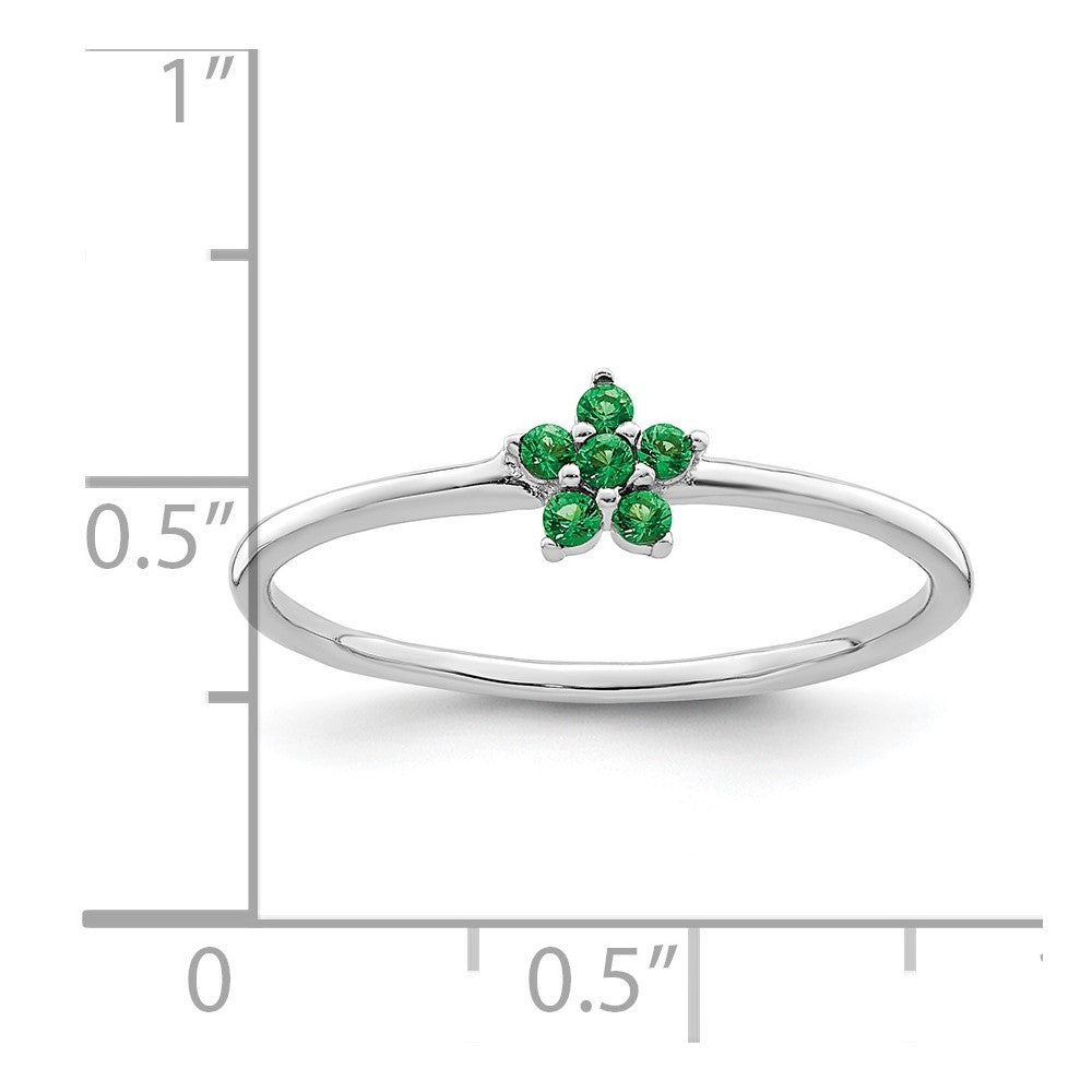 Sterling Silver Rhodium-plated Polished Green CZ Flower Ring