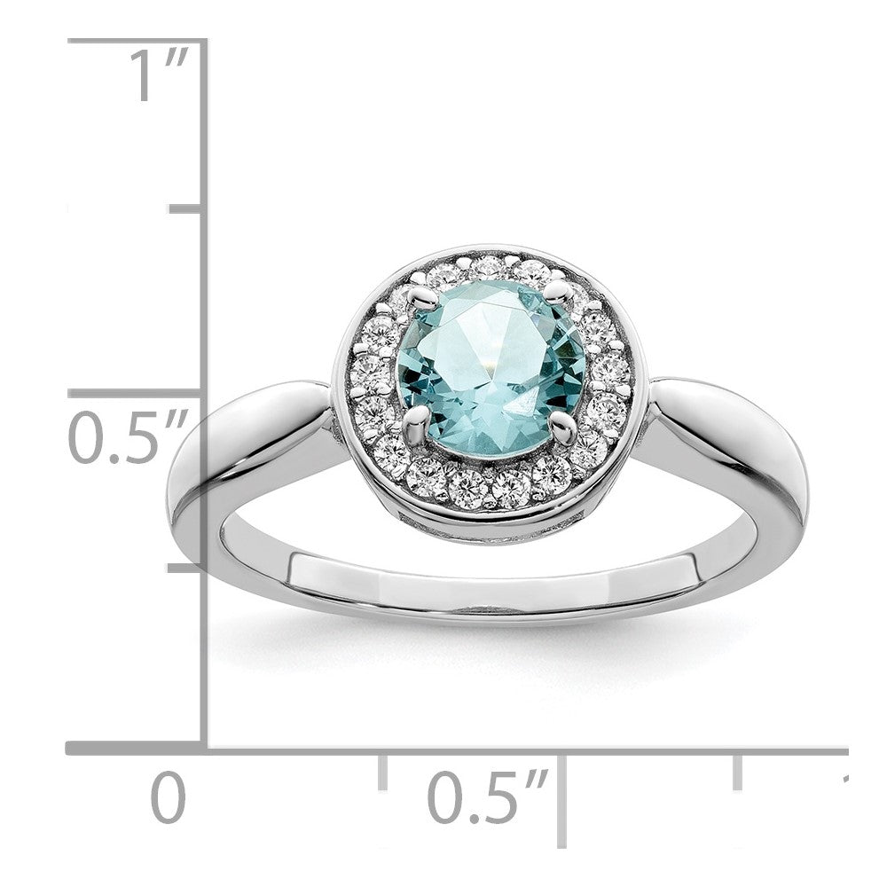 Sterling Silver Rhodium-plated CZ and Light Blue Glass Stone Ring