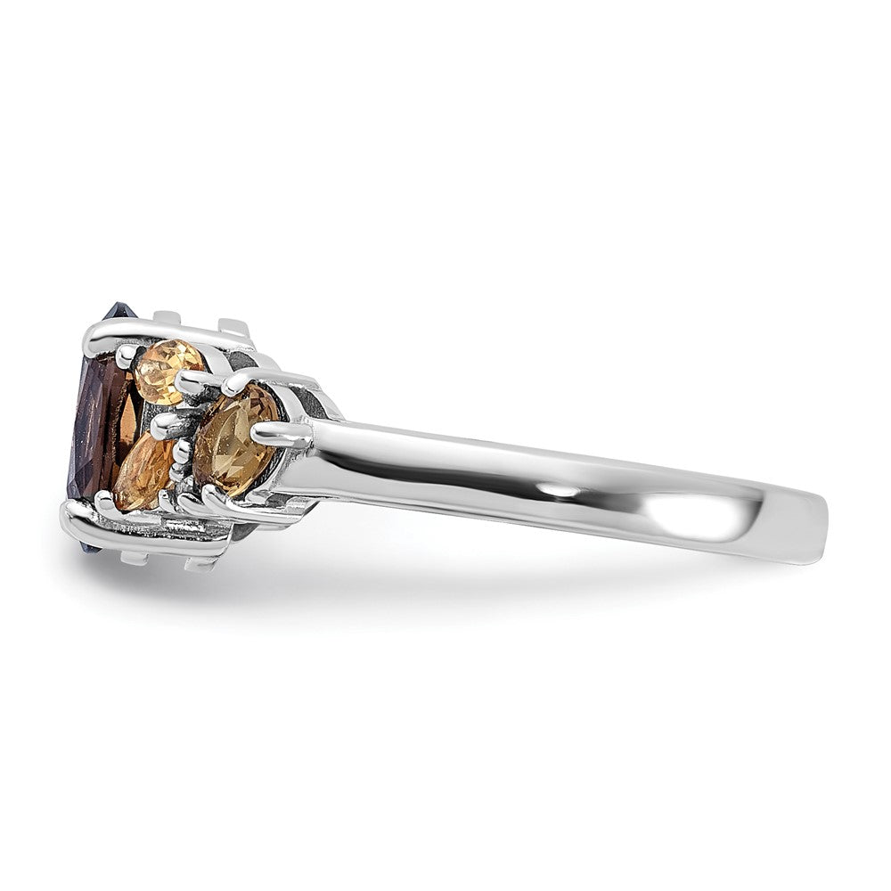 SS Rh Smoky and Whiskey Quartz Citrine White Topaz Ring