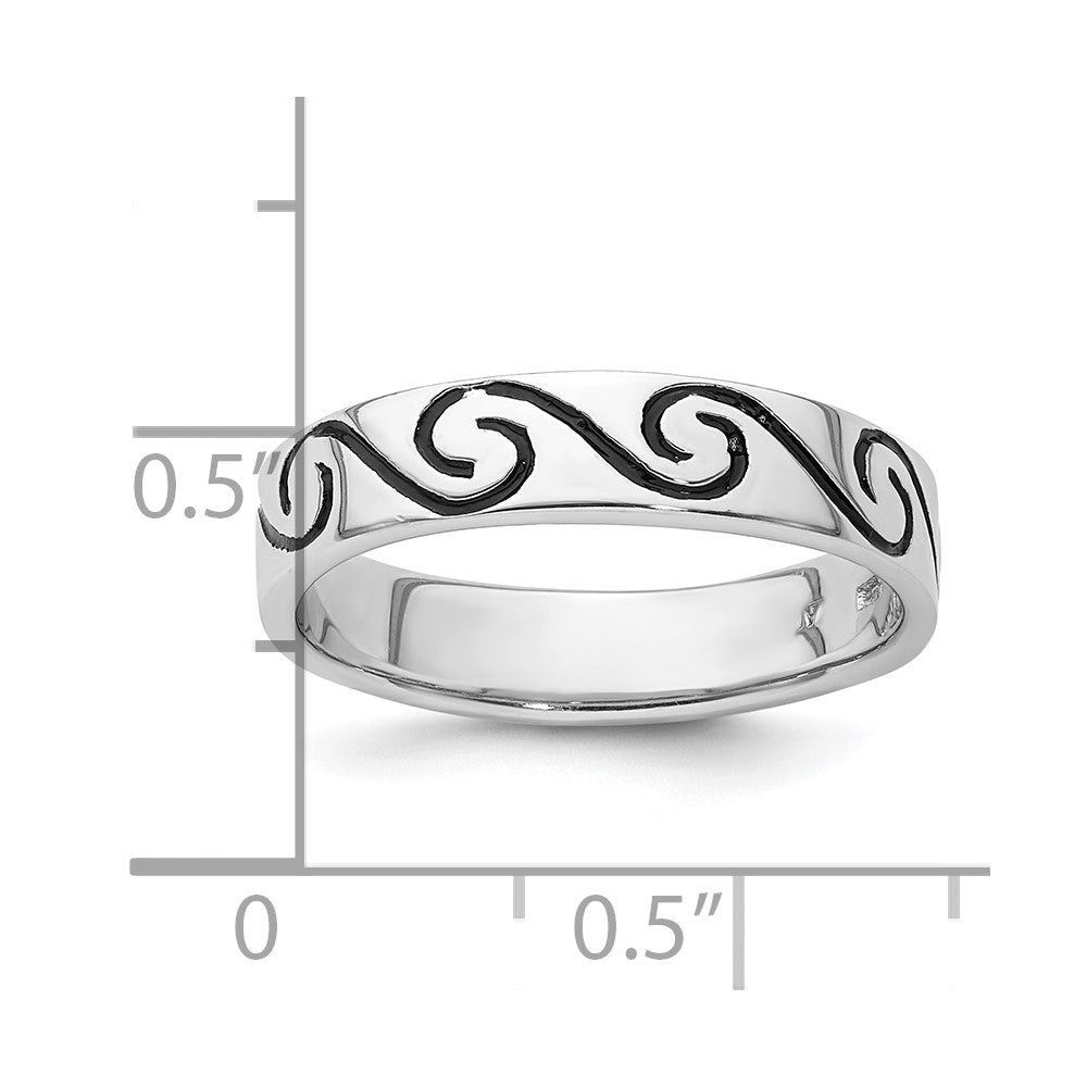 Sterling Silver Rhodium-plated Antiqued Wave Design 4.5mm Band Ring
