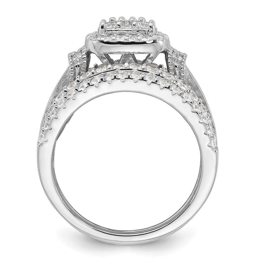 Sterling Silver Rhodium-plated CZ Engagement Ring w/2 Bands 3 Ring Set