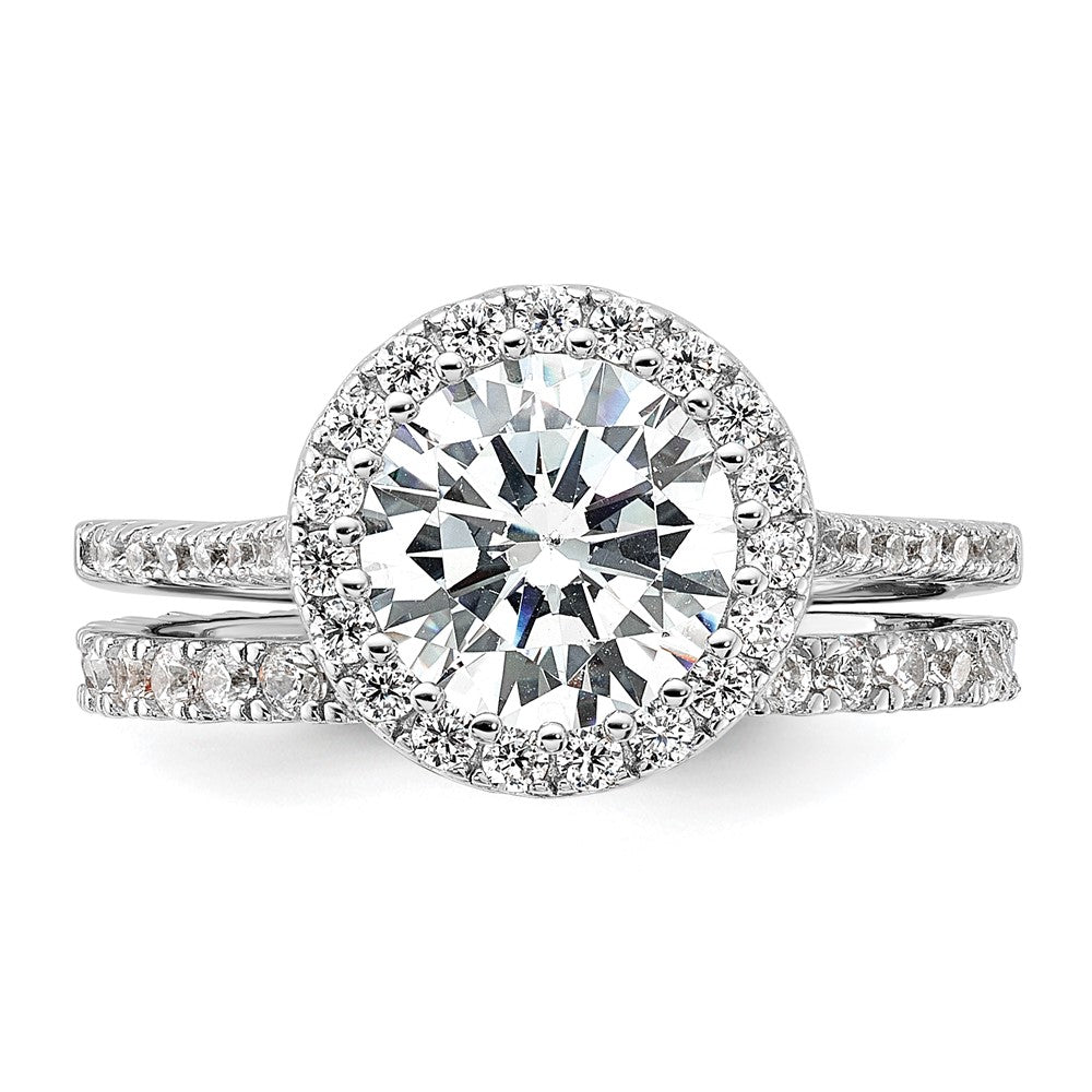 Sterling Silver RH-plated CZ Halo Engagement Ring and Eternity Band Set