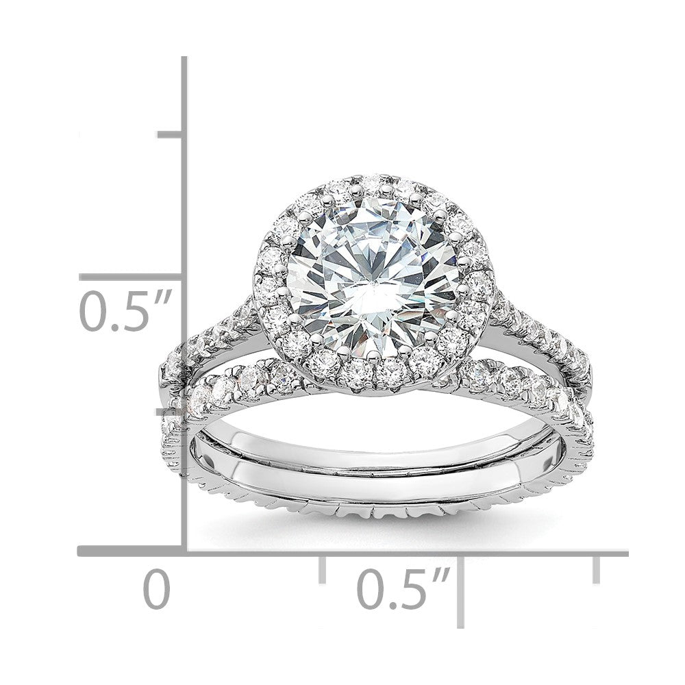 Sterling Silver RH-plated CZ Halo Engagement Ring and Eternity Band Set