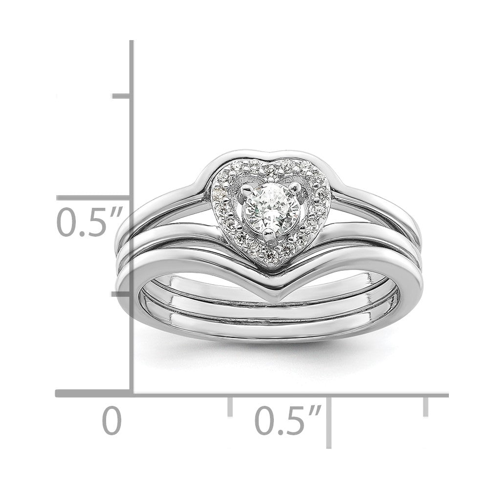 Sterling Silver Rhodium-plated CZ Heart and Bands Three Ring Set