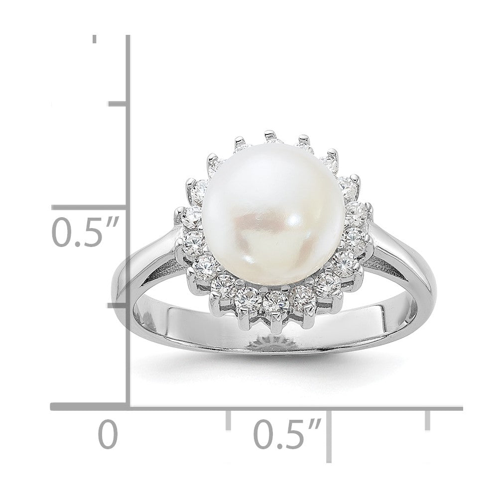 Sterling Silver Rhodium-plated 8-9mm White Freshwater Cultured Pearl and CZ Ring