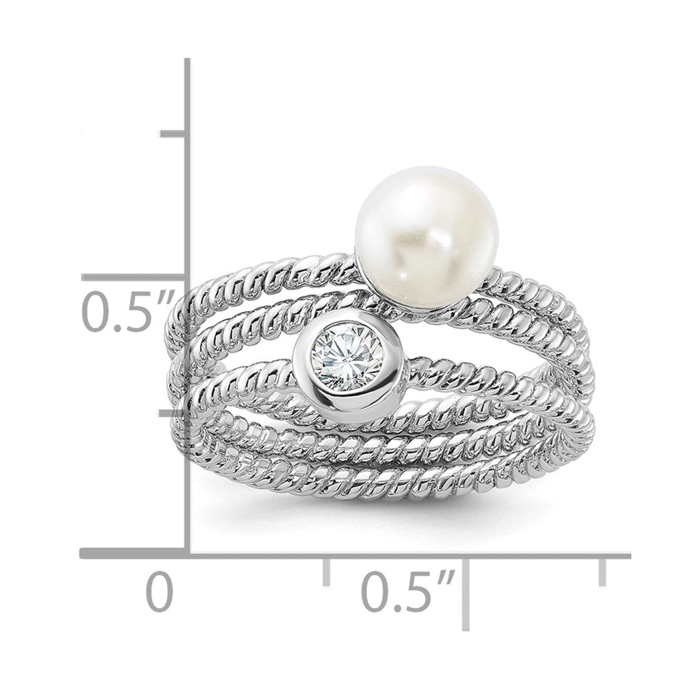 Sterling Silver Rhodium-plated 6-7mm White Freshwater Cultured Pearl and CZ 3 Ring Set