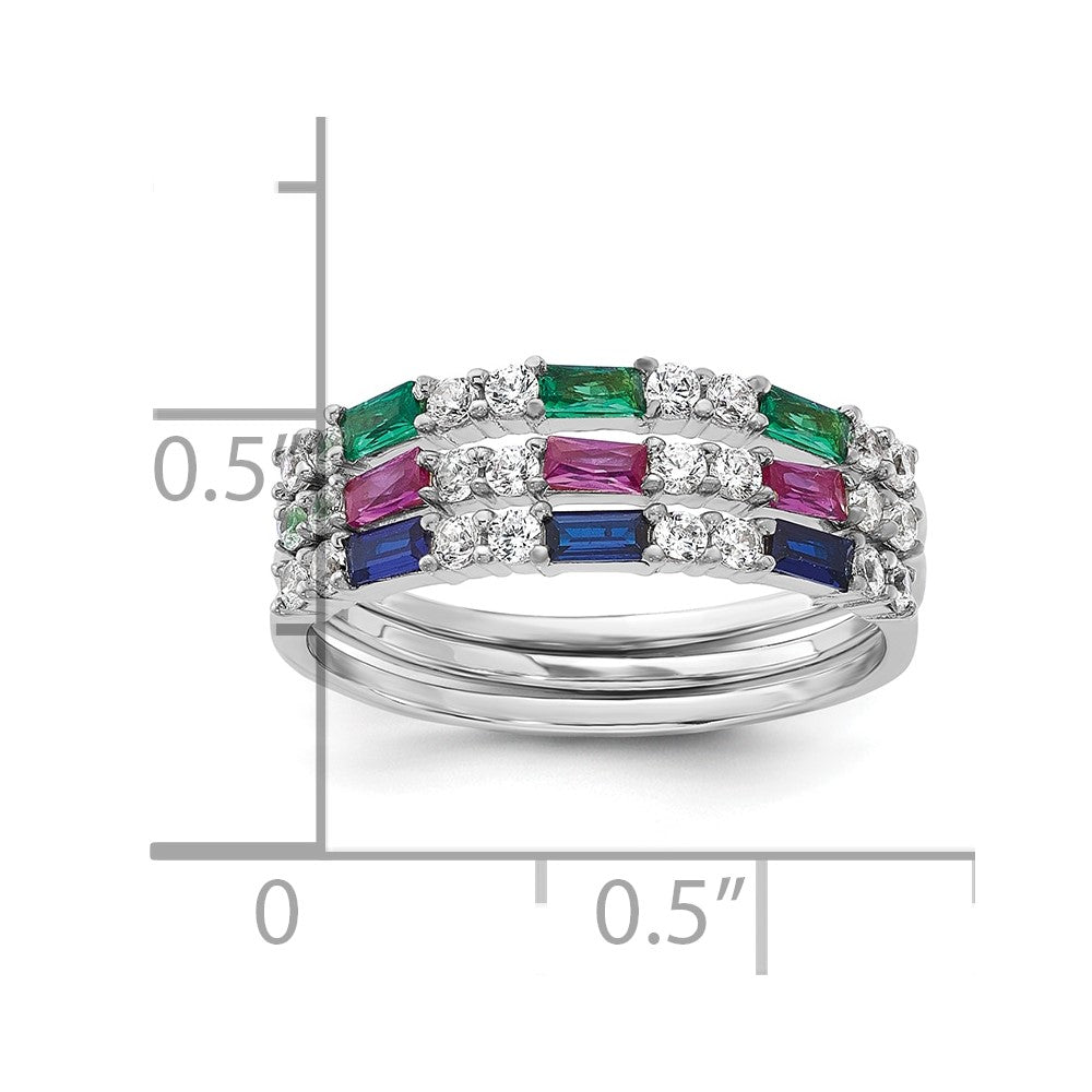 Sterling Silver Rhodium-plated Green, Red and Blue CZ 3 Ring Set