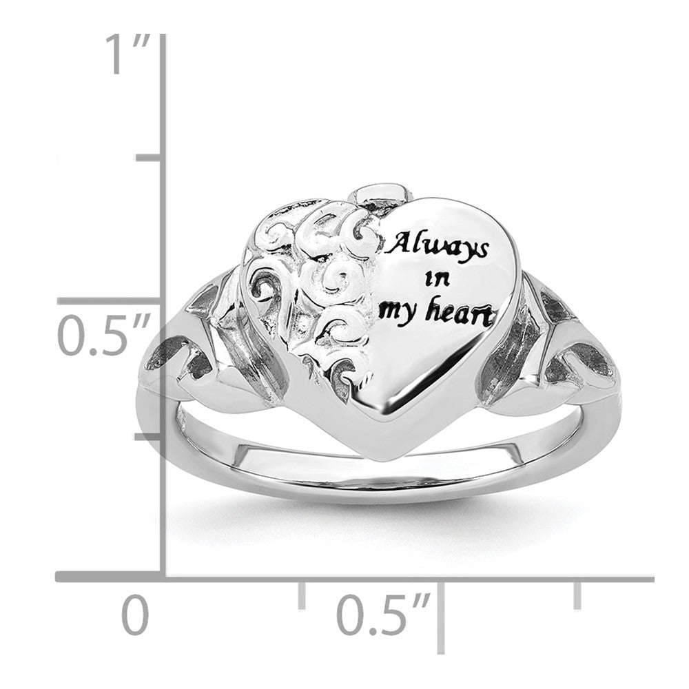Sterling Silver Rhod-plated Enameled Celtic Knot Heart ALWAYS IN MY HEART Ash Holder Size 8 Ring