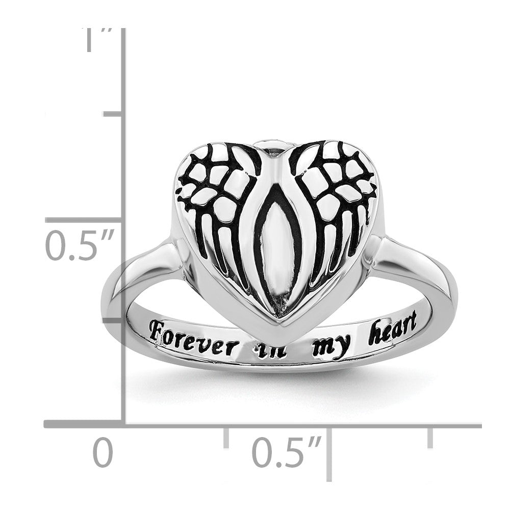 Sterling Silver Rhodium-plated Enameled Heart With Wings FOREVER IN MY HEART (Inside) Ash Holder Size 7 Ring