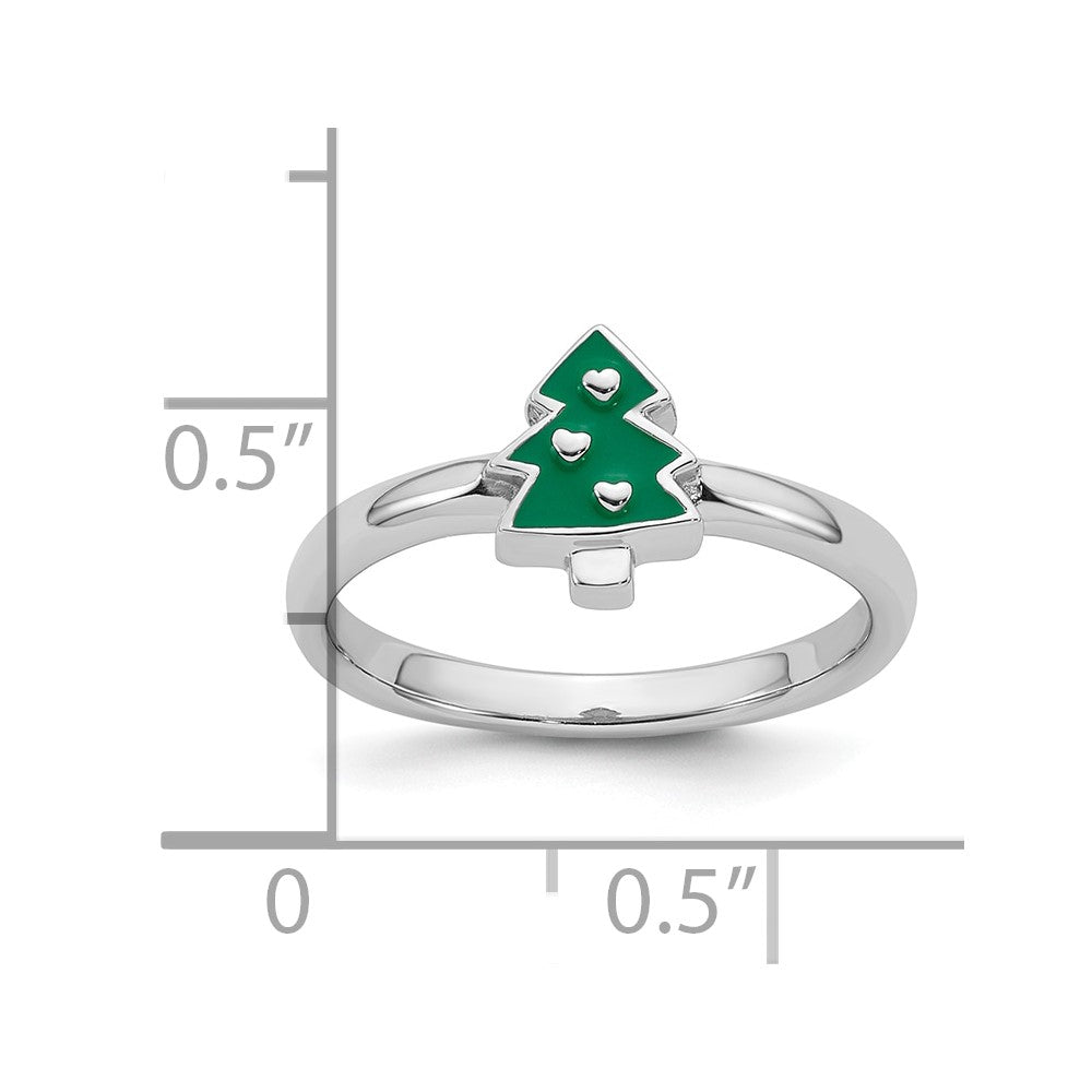 Sterling Silver Rhodium-plated Children's Size 3 Green Enamel Christmas Tree with Hearts Ring
