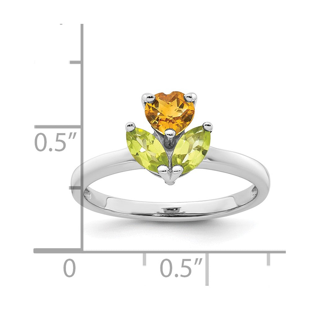 Sterling Silver Rhodium-plated Polished Heart Citrine and Peridot Flower Ring