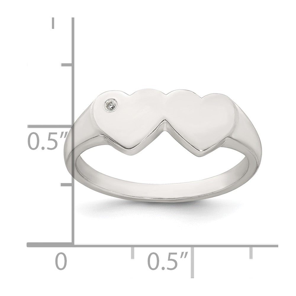 Sterling Silver Polished White CZ Double Heart Size 7 Signet Ring