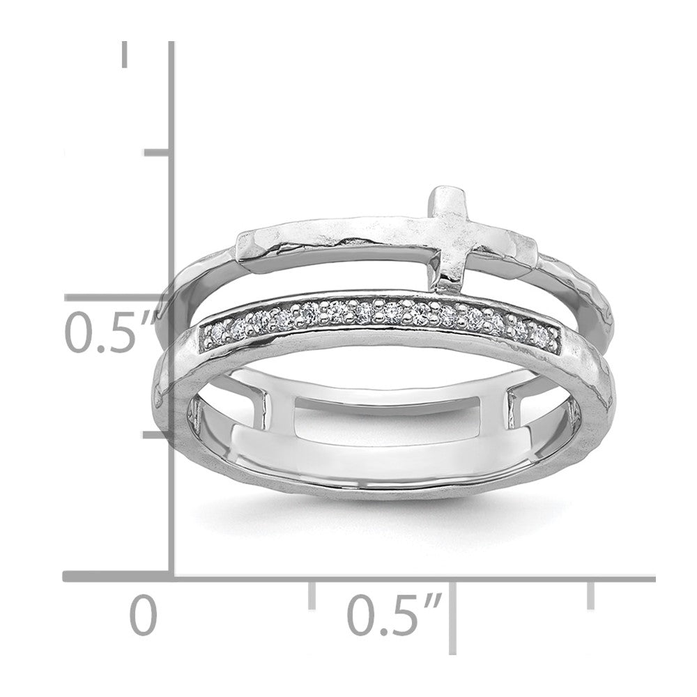 Sterling Silver Rhodium-plated Polished CZ and Hammered Cross Double Band Size 8 Ring