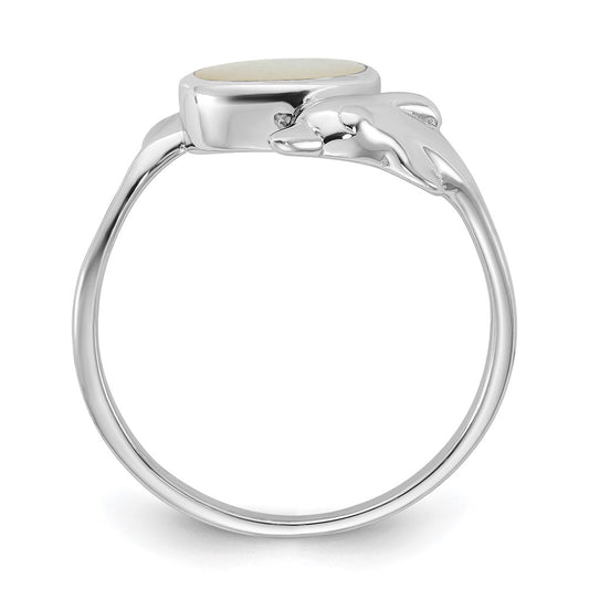 Sterling Silver Rhodium-plated Polished Oval Mother of Pearl and Dolphin Size 7 Ring