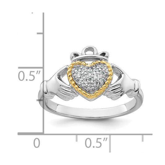 Sterling Silver Rhodium-plated with 14k Accent Polished CZ Size 7 Claddagh Ring