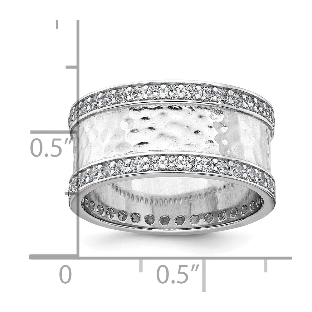 Sterling Silver Rhodium-plated CZ Polished And Hammered 9.5mm Band Size 6 Ring