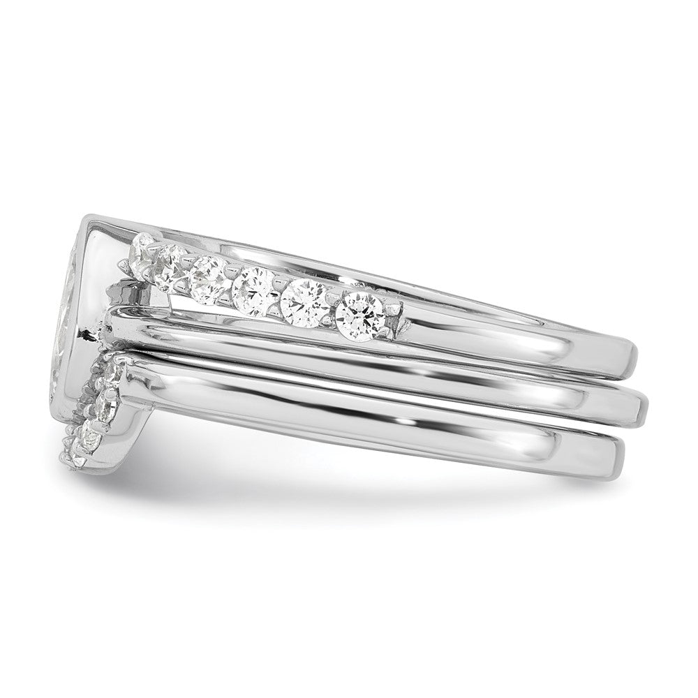 Sterling Silver Rhodium-plated Polished Pear Shape White CZ Ring with 2 Fitted CZ Bands Size 6 Three Ring Set