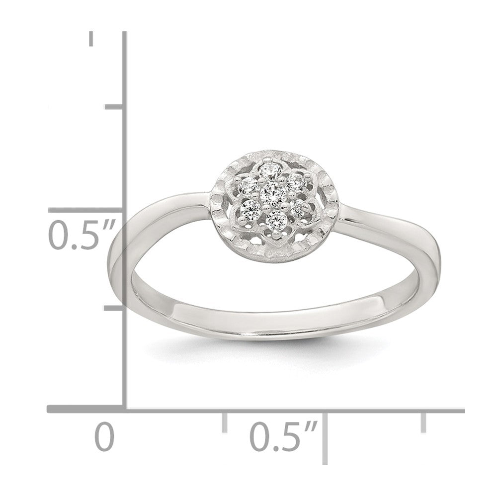 Sterling Silver Polished and Grooved White CZ Flower with Wavy Shank Size 7 Ring