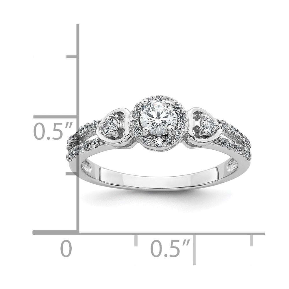 Sterling Silver Rhodium-plated Polished Round CZ Halo Double Side Heart Split Shank Size 6 Ring