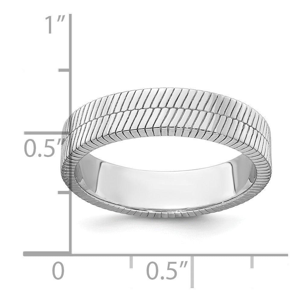 Sterling Silver Rhodium-plated Polished and Textured 5.00mm Band Size 9 Mens Ring