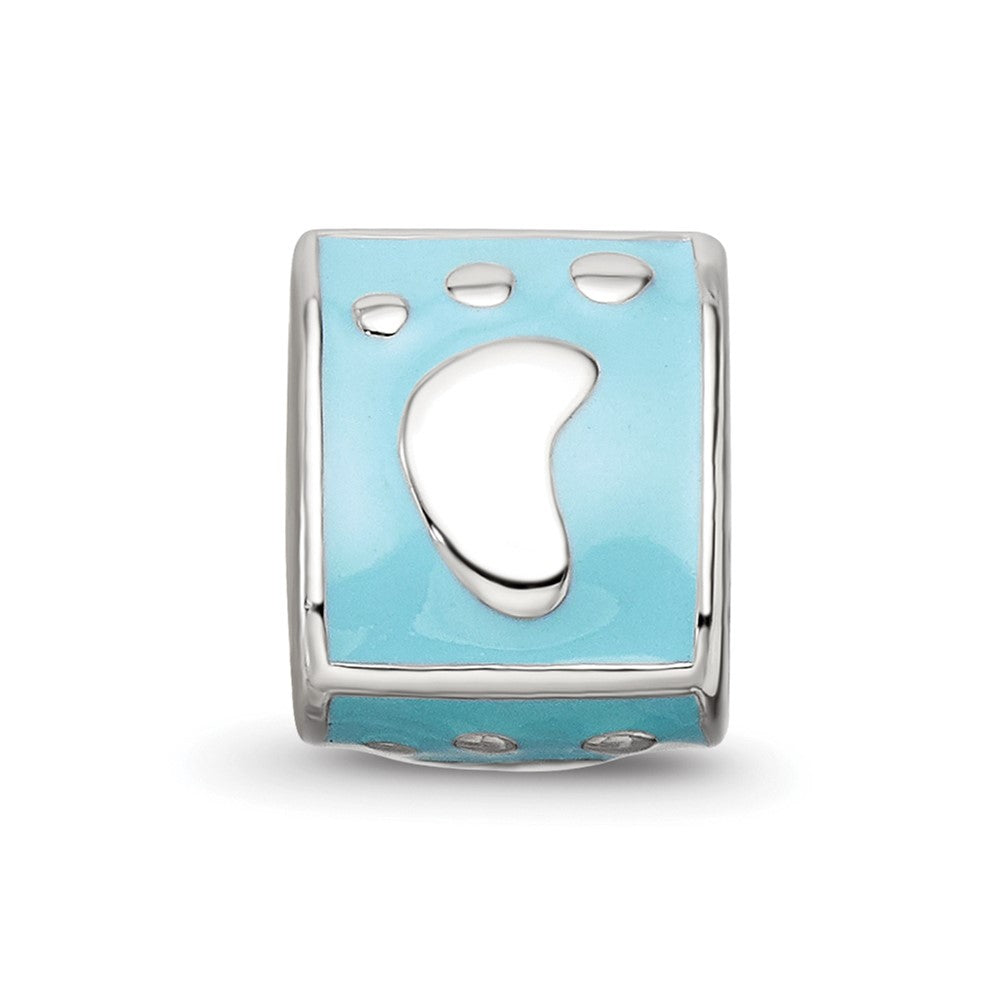 SS Reflections Rh-plated Blue Enamel 3-side Baby Footprint Bead