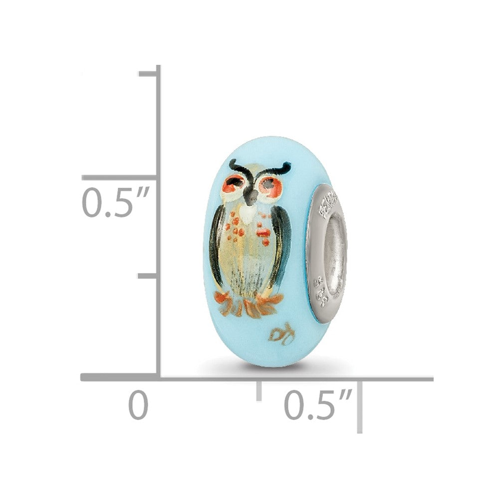 Ster.Silver Reflections Blue Hand Painted Wisdom Owl Fenton Glass Bead