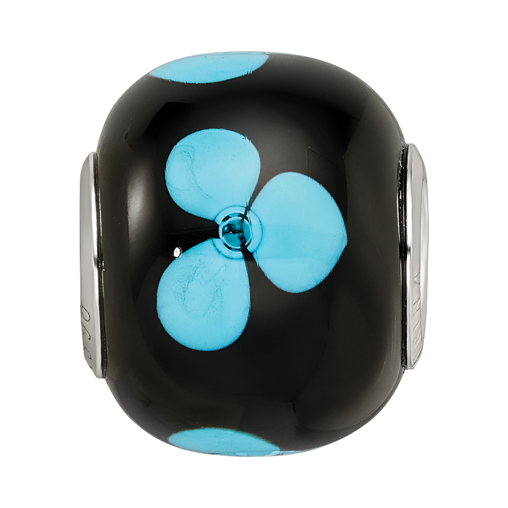 Sterling Silver Reflections Rhodium-plated Blue Floral Black Glass Bead