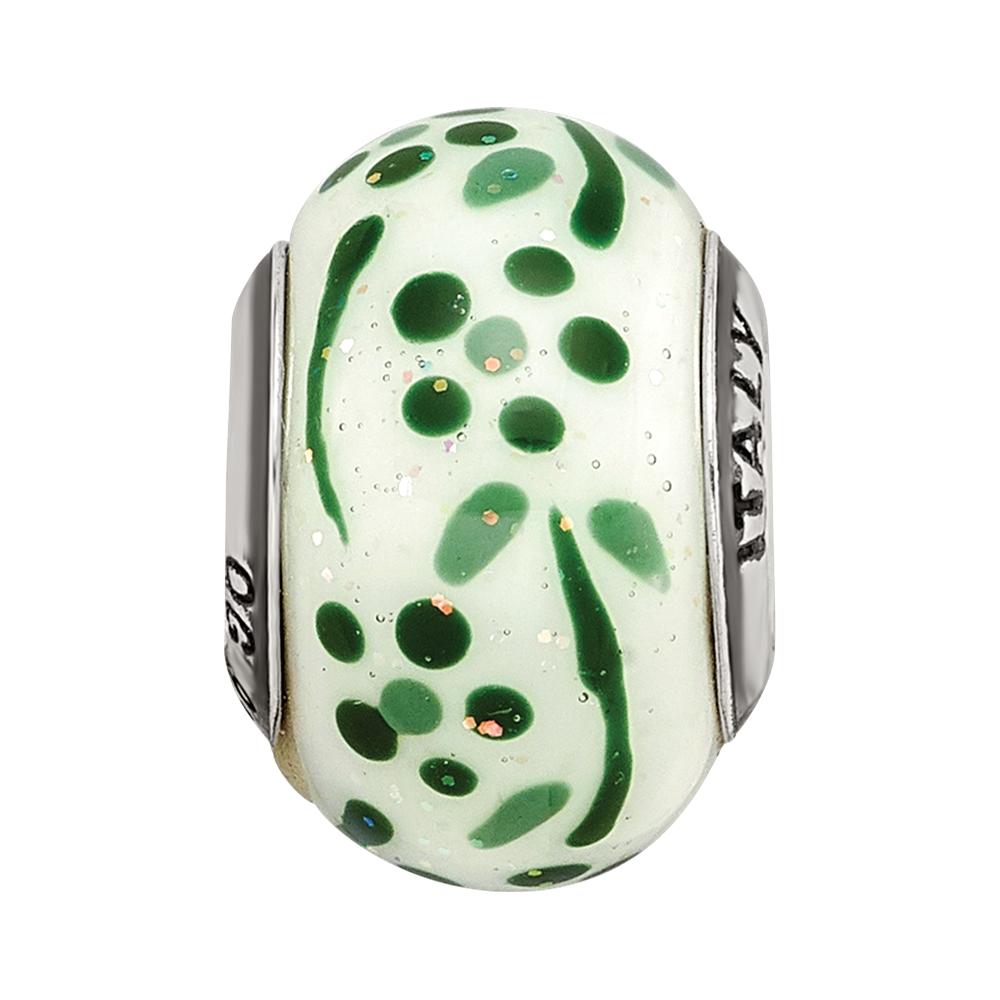 Sterling Silver Reflections Green Glitter Flower Italian Glass Bead