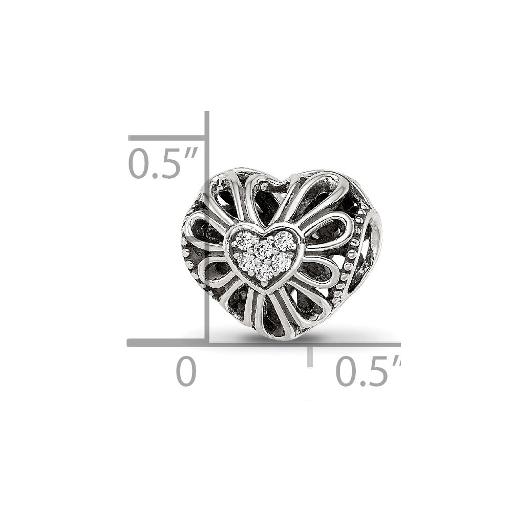 Sterling Silver Reflections Antiqued CZ Heart Bead