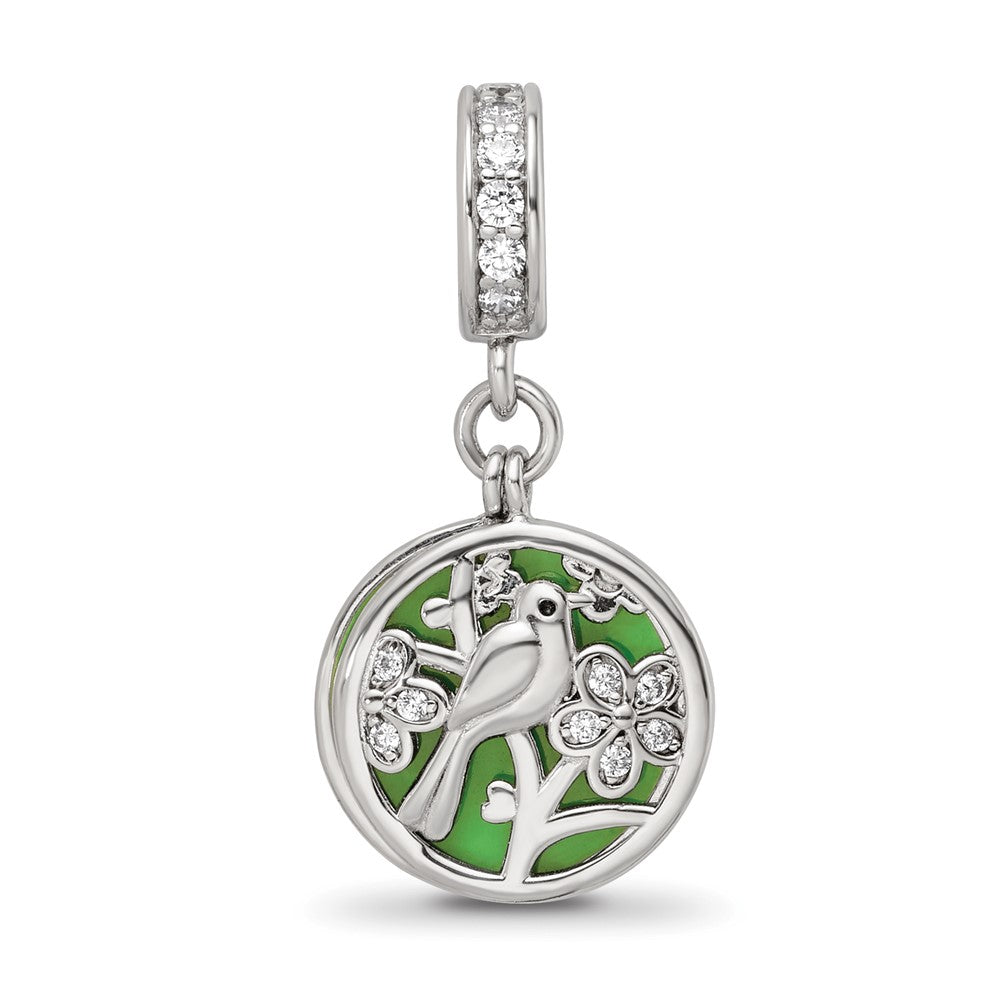 SS Reflections Rhod-plated CZ Enamel Bird/Flower 2-piece Dangle Bead