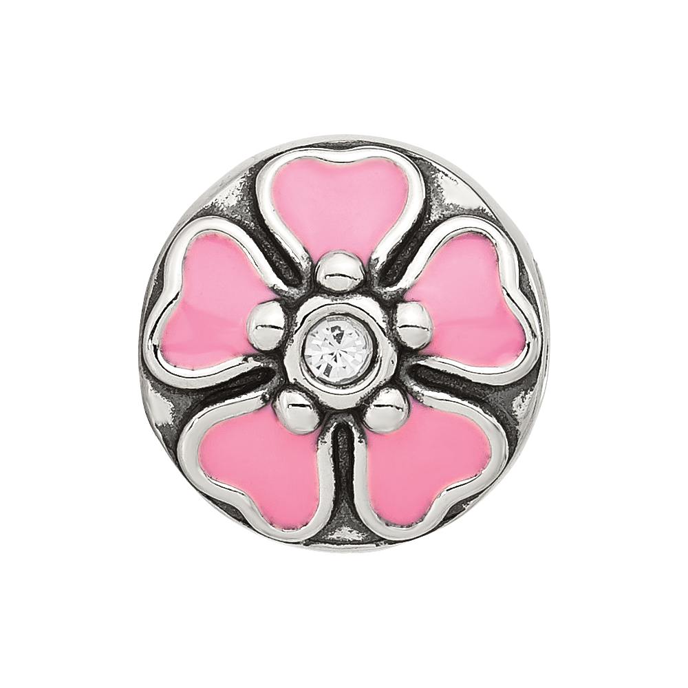 Sterling Silver Reflections Pink Enamel and CZ Flower Bead