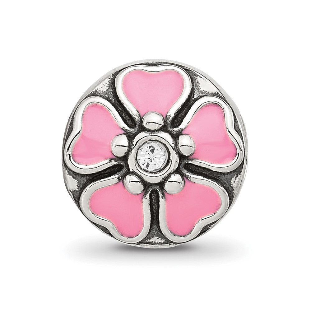 Sterling Silver Reflections Pink Enamel and CZ Flower Bead