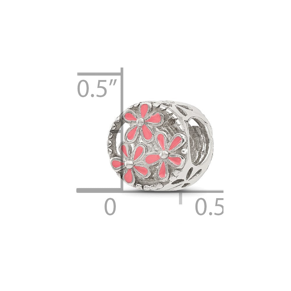 Sterling Silver Reflections Pink Enameled Floral Circle Bead