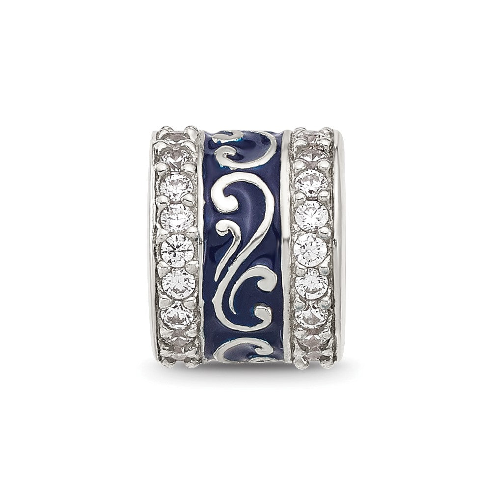 Sterling Silver Reflections Polished CZ Blue Enameled Scroll Bead