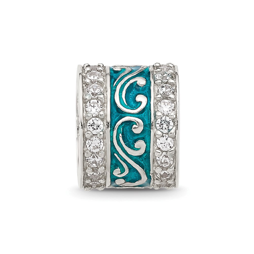 Sterling Silver Reflections Polished CZ Teal Enameled Scroll Bead