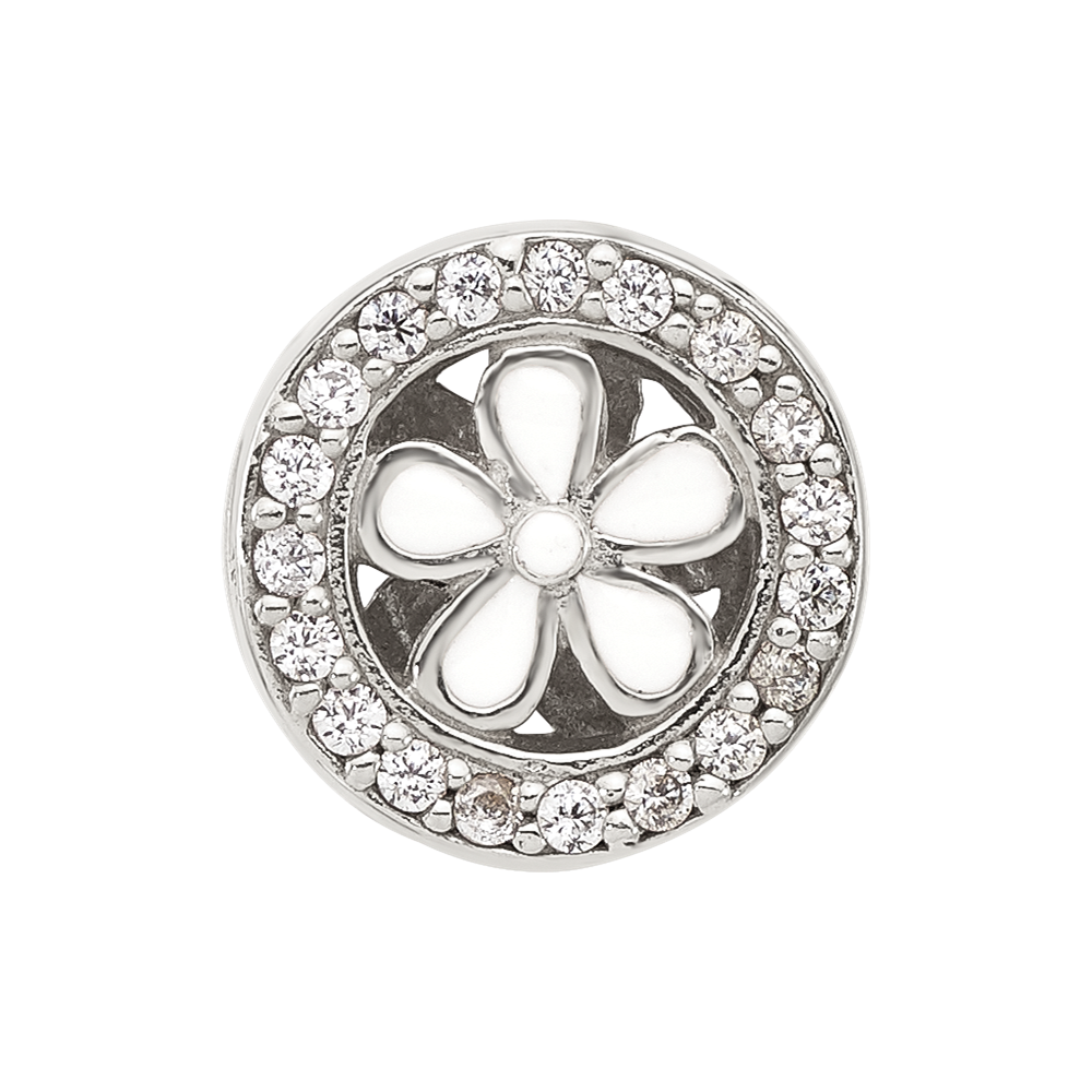 Sterling Silver Reflections Polish CZ and White Enamel Flower Circle Bead