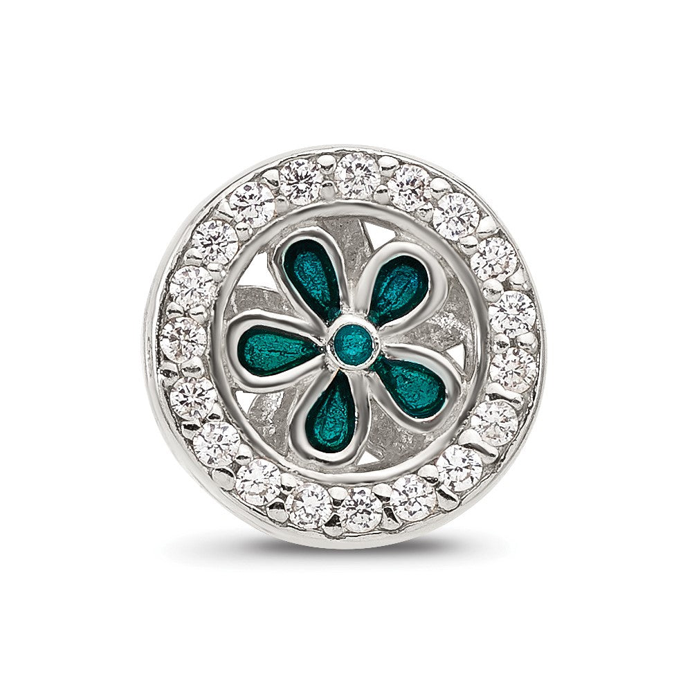 Sterling Silver Reflections Polished CZ and Teal Enamel Flower Circle Bead