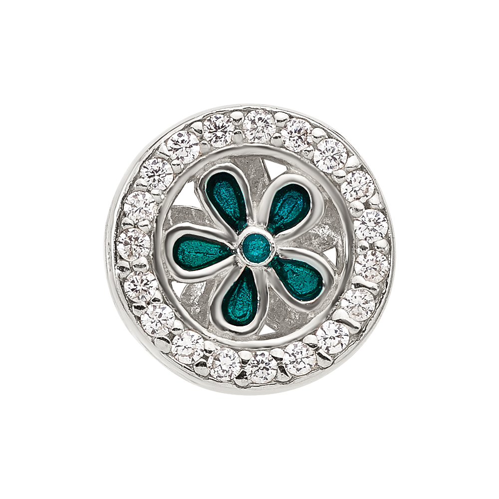 Sterling Silver Reflections Polished CZ and Teal Enamel Flower Circle Bead