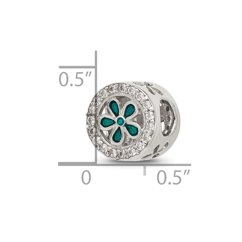 Sterling Silver Reflections Polished CZ and Teal Enamel Flower Circle Bead