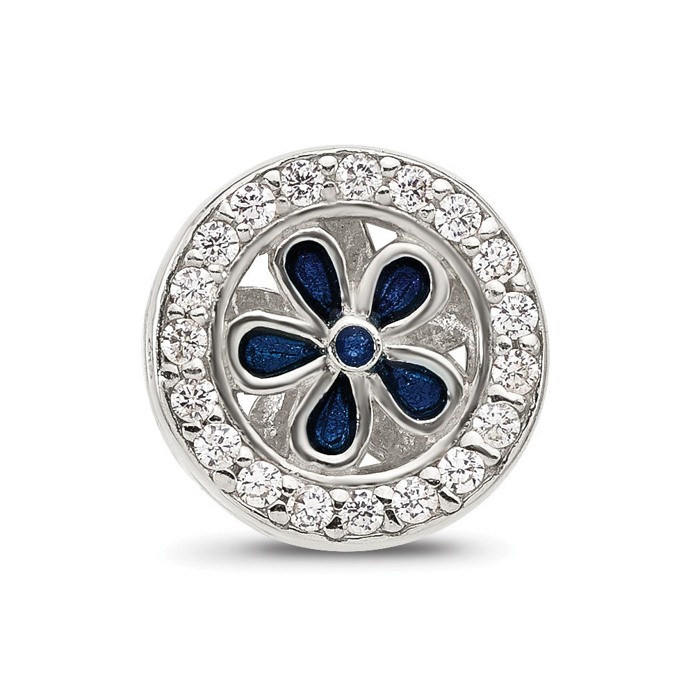 Sterling Silver Reflections Polished CZ and Blue Enamel Flower Circle Bead