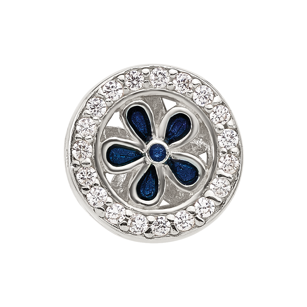 Sterling Silver Reflections Polished CZ and Blue Enamel Flower Circle Bead