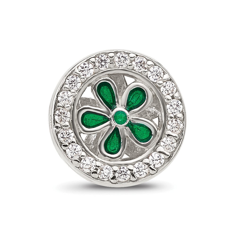Sterling Silver Reflections Polish CZ and Green Enamel Flower Circle Bead