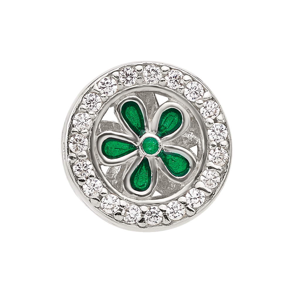 Sterling Silver Reflections Polish CZ and Green Enamel Flower Circle Bead