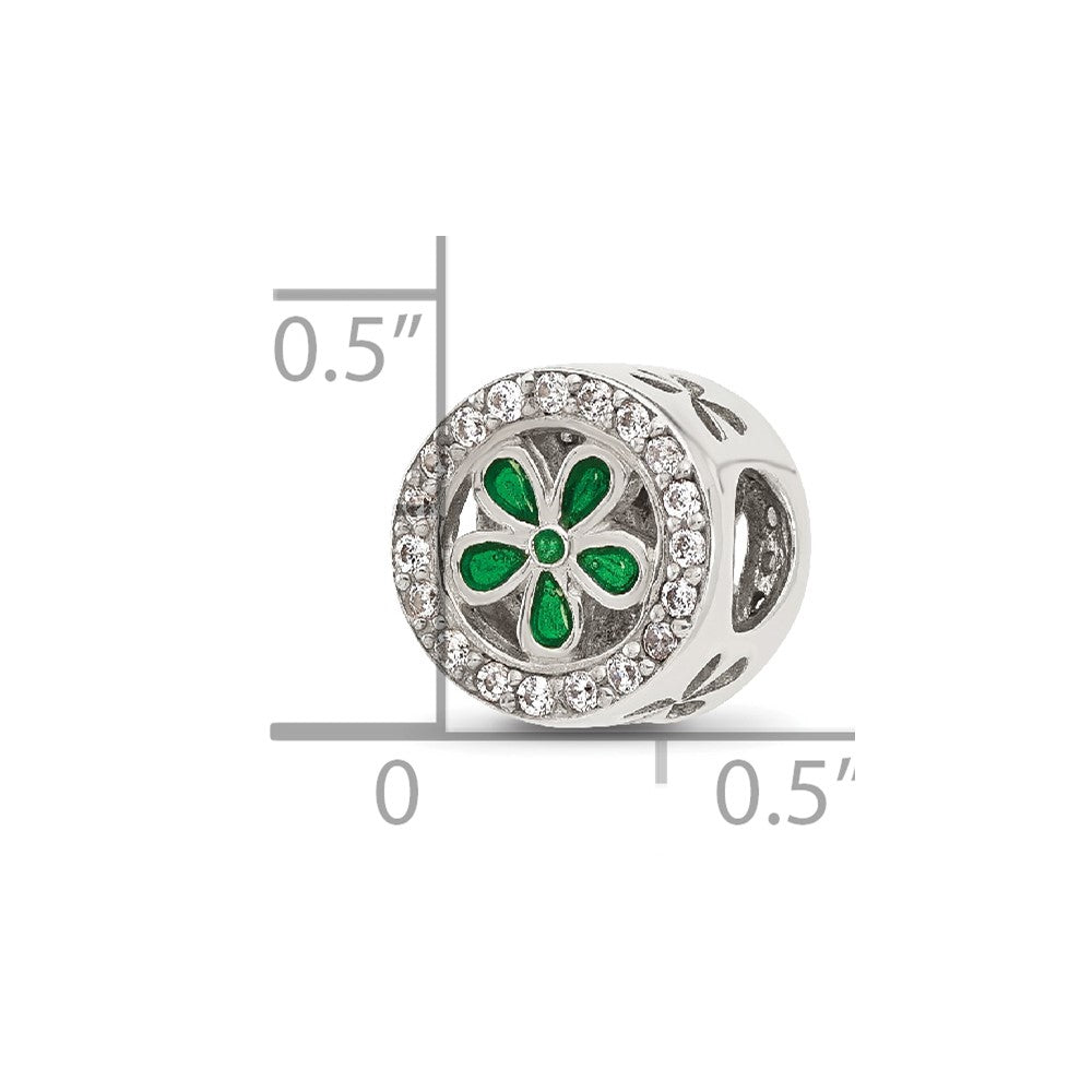 Sterling Silver Reflections Polish CZ and Green Enamel Flower Circle Bead