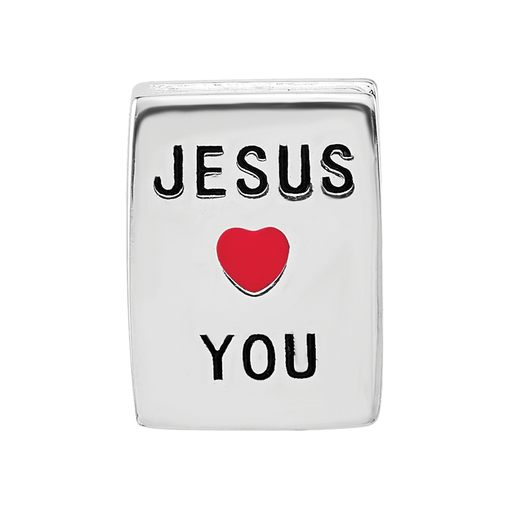 SS Reflections RH-plated Enamel &CZ Cross Jesus Loves You Square Bead