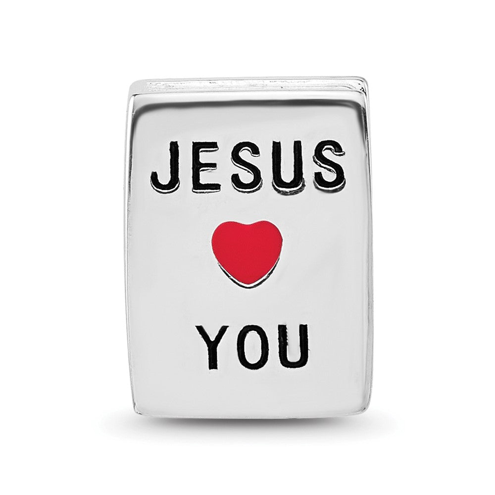 SS Reflections RH-plated Enamel &CZ Cross Jesus Loves You Square Bead